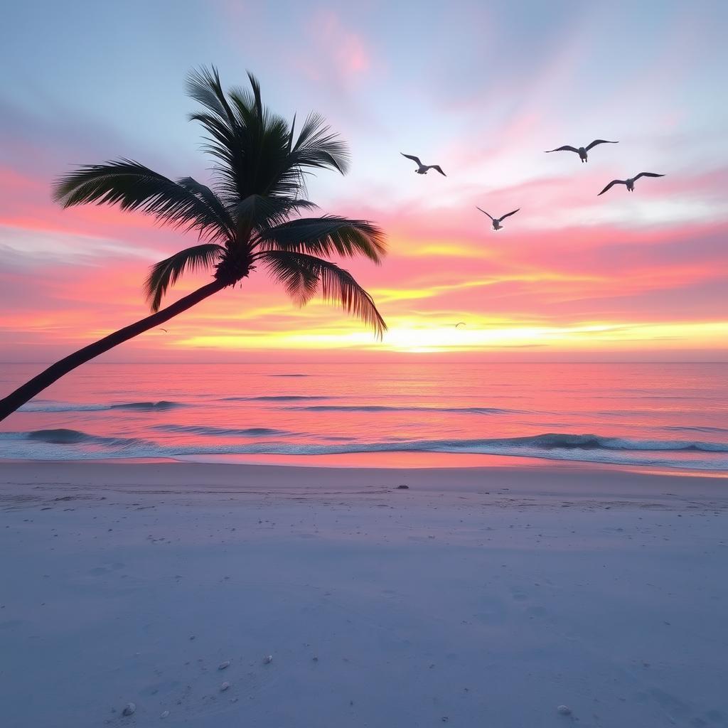 A serene sunrise over a tranquil beach, with gentle waves lapping at the shore