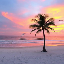 A serene sunrise over a tranquil beach, with gentle waves lapping at the shore