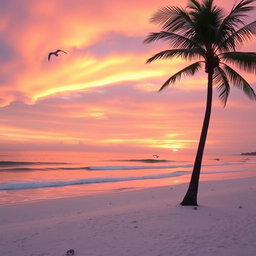 A serene sunrise over a tranquil beach, with gentle waves lapping at the shore