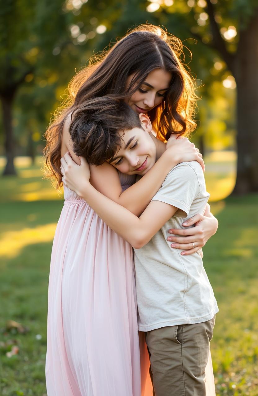 A tender moment of a mother lovingly embracing her teenage son in a warm, affectionate manner