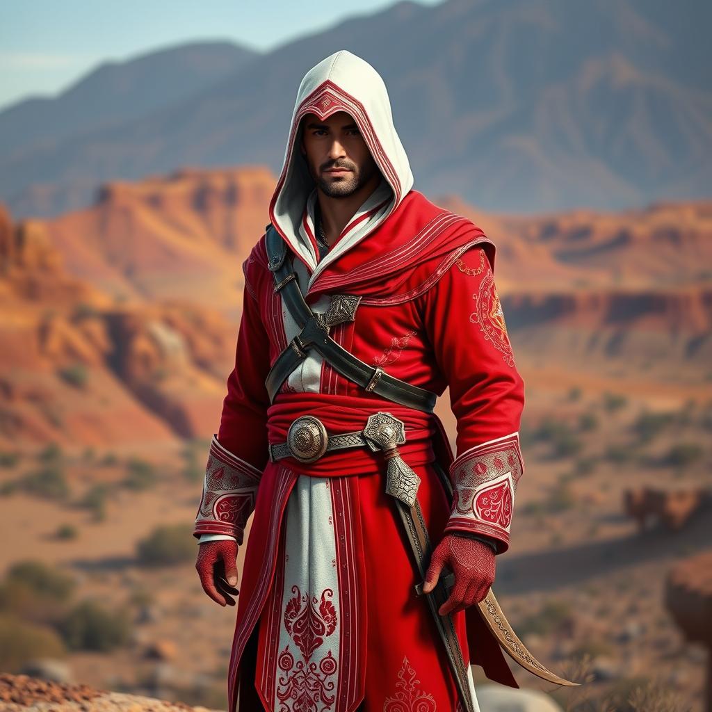 A male figure dressed in a full Assassin's Creed outfit featuring a striking color scheme of red and white, infused with Persian themes