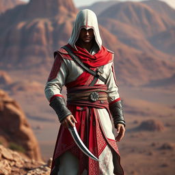 A male figure dressed in a full Assassin's Creed outfit featuring a striking color scheme of red and white, infused with Persian themes