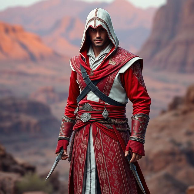 A male figure dressed in a full Assassin's Creed outfit featuring a striking color scheme of red and white, infused with Persian themes