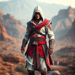 A male figure dressed in a full Assassin's Creed outfit featuring a striking color scheme of red and white, infused with Persian themes