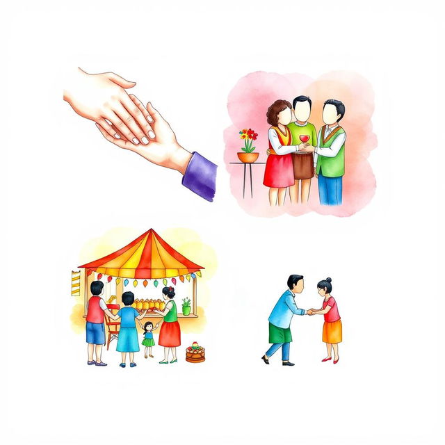 A colorful watercolor artwork showcasing four contemporary Filipino cultures and traditions, featuring faceless figures to convey a sense of universal representation