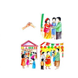 A colorful watercolor artwork showcasing four contemporary Filipino cultures and traditions, featuring faceless figures to convey a sense of universal representation