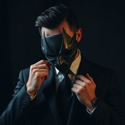 A man in a sleek black suit, with a sophisticated demeanor, carefully placing a Kagetane Hirako mask onto his face