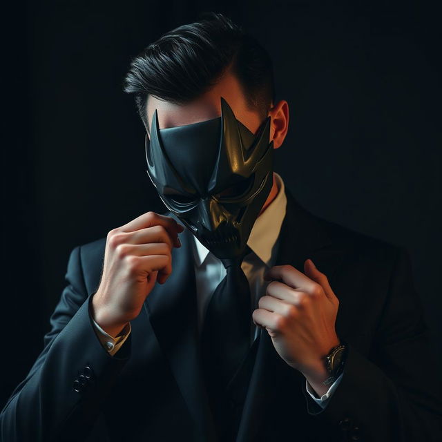 A man in a sleek black suit, with a sophisticated demeanor, carefully placing a Kagetane Hirako mask onto his face