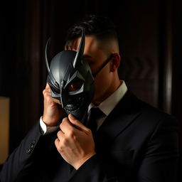 A man in a sleek black suit, with a sophisticated demeanor, carefully placing a Kagetane Hirako mask onto his face