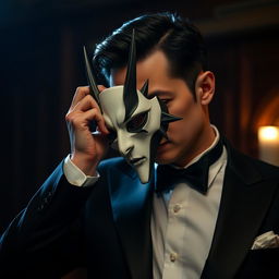 A man in a sleek black suit, with a sophisticated demeanor, carefully placing a Kagetane Hirako mask onto his face