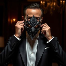 A man in a sleek black suit, with a sophisticated demeanor, carefully placing a Kagetane Hirako mask onto his face