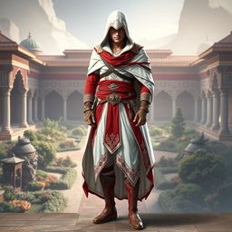 A male figure wearing a full Assassin's Creed outfit inspired by Persian themes, featuring a striking color palette of red and white