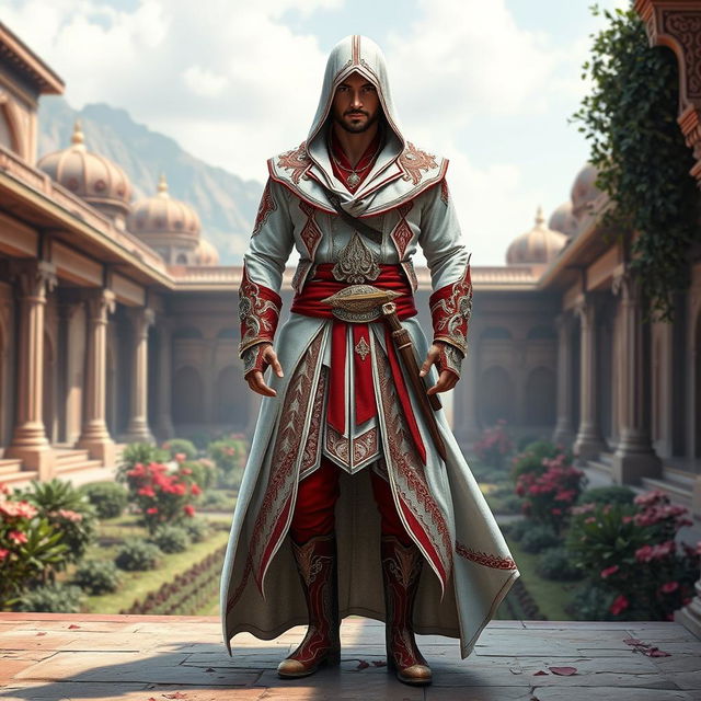 A male figure wearing a full Assassin's Creed outfit inspired by Persian themes, featuring a striking color palette of red and white