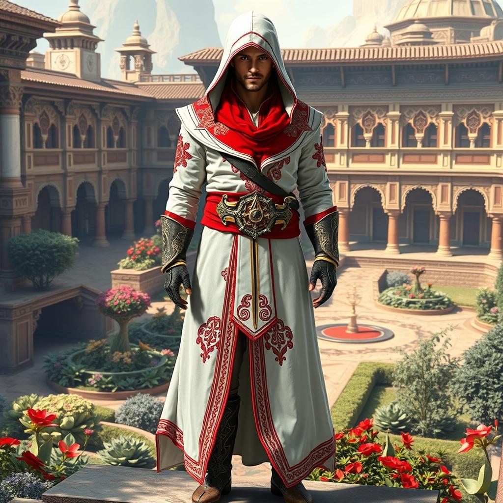 A male figure wearing a full Assassin's Creed outfit inspired by Persian themes, featuring a striking color palette of red and white