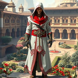 A male figure wearing a full Assassin's Creed outfit inspired by Persian themes, featuring a striking color palette of red and white