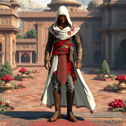 A male figure wearing a full Assassin's Creed outfit inspired by Persian themes, featuring a striking color palette of red and white