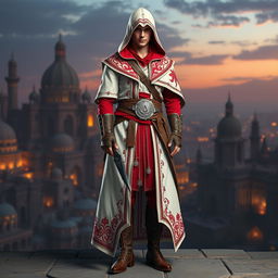 A male character clad in a full Assassin's Creed outfit featuring a captivating Persian theme, predominantly in red and white colors