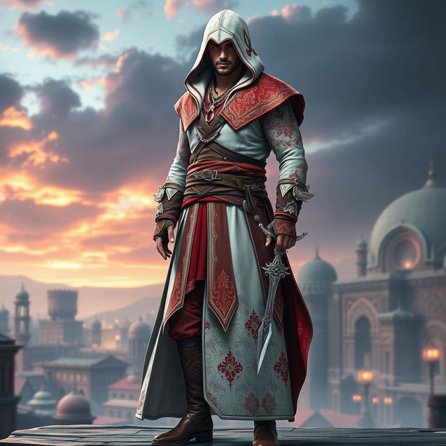 A male character clad in a full Assassin's Creed outfit featuring a captivating Persian theme, predominantly in red and white colors
