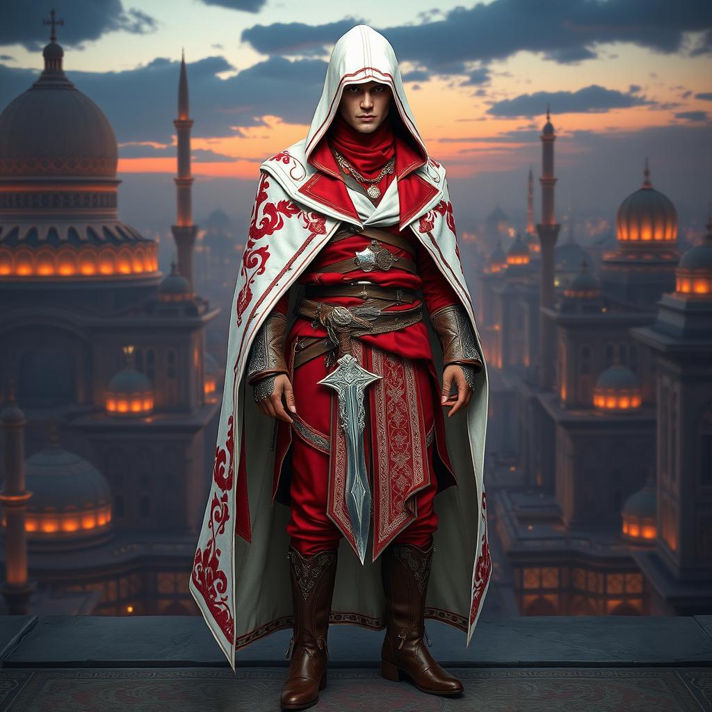 A male character clad in a full Assassin's Creed outfit featuring a captivating Persian theme, predominantly in red and white colors
