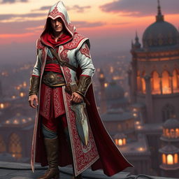A male character clad in a full Assassin's Creed outfit featuring a captivating Persian theme, predominantly in red and white colors