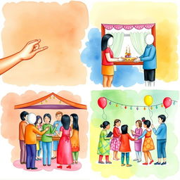 A colorful and cohesive watercolor artwork that creatively showcases four contemporary Filipino cultures and traditions, featuring faceless figures to symbolize universality