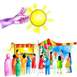 A colorful and cohesive watercolor artwork that creatively showcases four contemporary Filipino cultures and traditions, featuring faceless figures to symbolize universality
