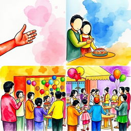 A colorful and cohesive watercolor artwork that creatively showcases four contemporary Filipino cultures and traditions, featuring faceless figures to symbolize universality