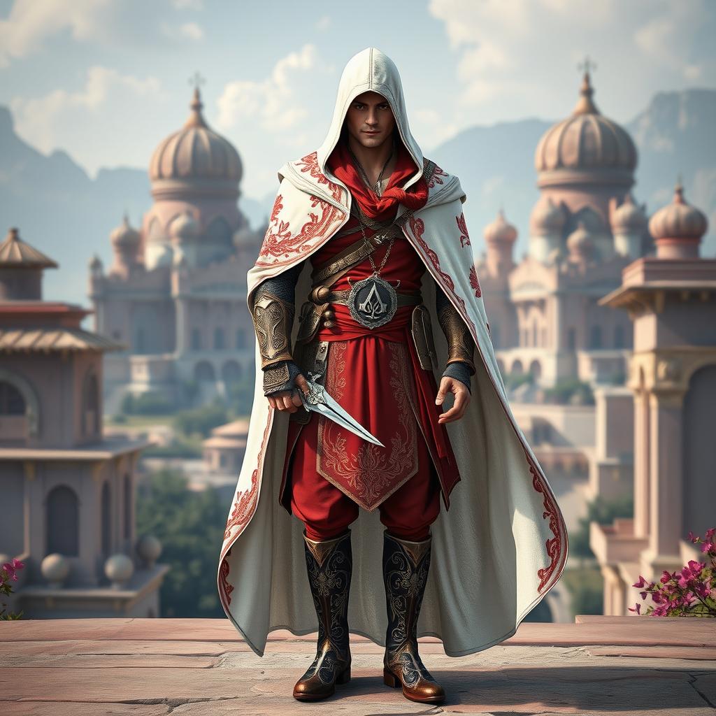 A male character adorned in a full Assassin's Creed outfit with a captivating Persian theme, primarily showcasing a vibrant red and white color scheme