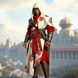 A male character adorned in a full Assassin's Creed outfit with a captivating Persian theme, primarily showcasing a vibrant red and white color scheme
