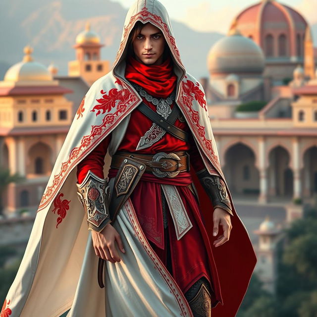 A male character adorned in a full Assassin's Creed outfit with a captivating Persian theme, primarily showcasing a vibrant red and white color scheme