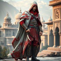 A male character adorned in a full Assassin's Creed outfit with a captivating Persian theme, primarily showcasing a vibrant red and white color scheme