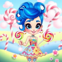 A colorful and fun cartoon character inspired by Katy Perry, with bright blue hair styled in playful, whimsical waves
