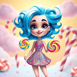 A colorful and fun cartoon character inspired by Katy Perry, with bright blue hair styled in playful, whimsical waves