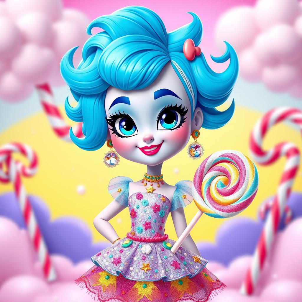 A colorful and fun cartoon character inspired by Katy Perry, with bright blue hair styled in playful, whimsical waves