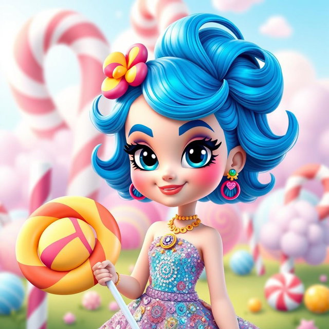 A colorful and fun cartoon character inspired by Katy Perry, with bright blue hair styled in playful, whimsical waves