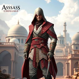 A male character wearing a full Assassin's Creed outfit, designed with a striking Persian theme