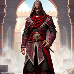 A male character wearing a full Assassin's Creed outfit, designed with a striking Persian theme