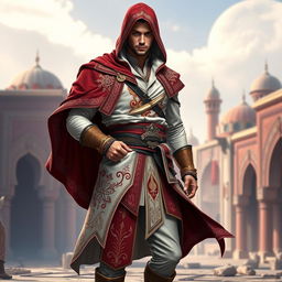 A male character wearing a full Assassin's Creed outfit, designed with a striking Persian theme