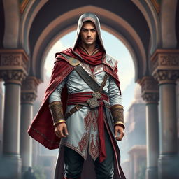 A male character wearing a full Assassin's Creed outfit, designed with a striking Persian theme