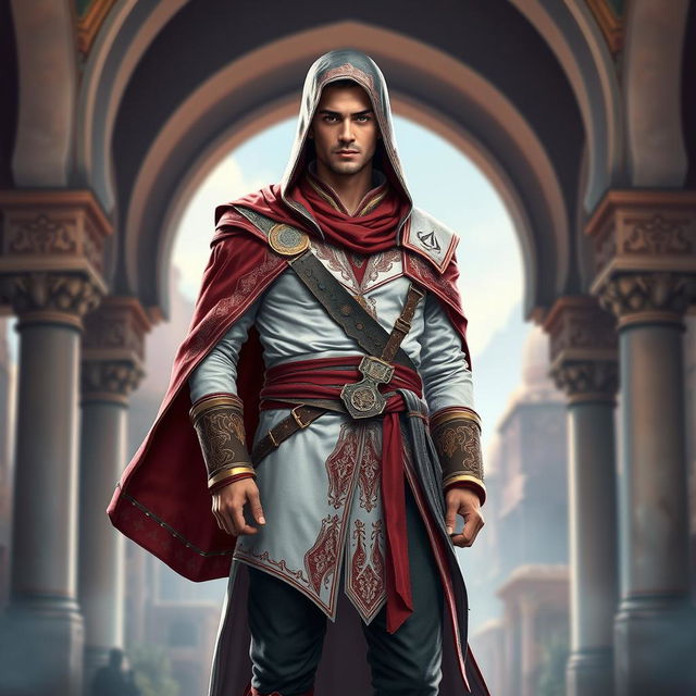 A male character wearing a full Assassin's Creed outfit, designed with a striking Persian theme