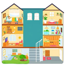 An illustrated cartoon home layout showcasing various rooms in a cheerful and colorful style