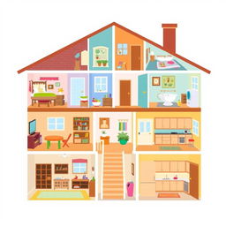 An illustrated cartoon home layout showcasing various rooms in a cheerful and colorful style