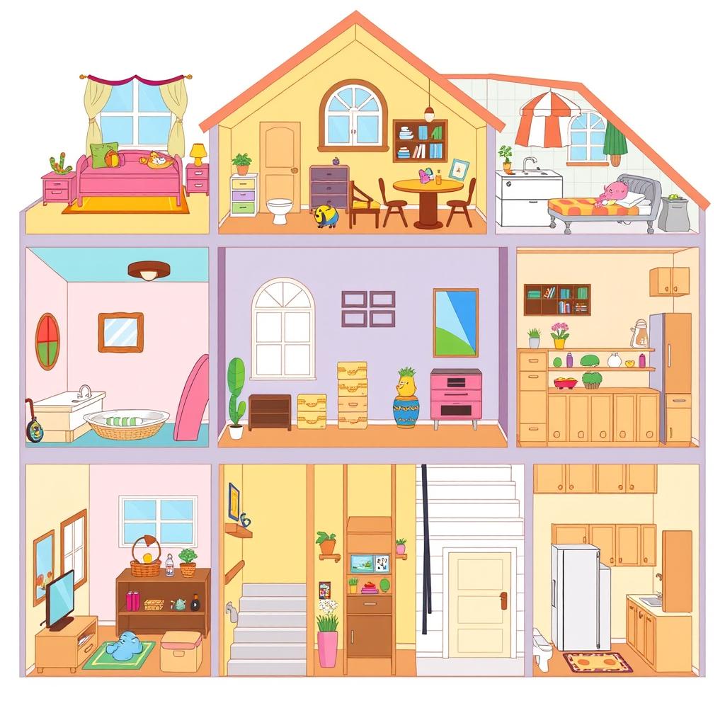 An illustrated cartoon home layout showcasing various rooms in a cheerful and colorful style