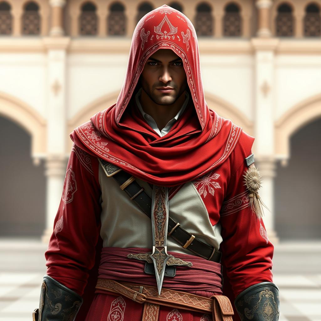 A male character wearing a full Assassin's Creed outfit in red and white colors, inspired by Persian themes