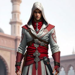 A male character wearing a full Assassin's Creed outfit in red and white colors, inspired by Persian themes