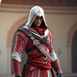 A male character wearing a full Assassin's Creed outfit in red and white colors, inspired by Persian themes