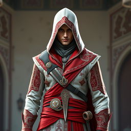 A male character wearing a full Assassin's Creed outfit in red and white colors, inspired by Persian themes