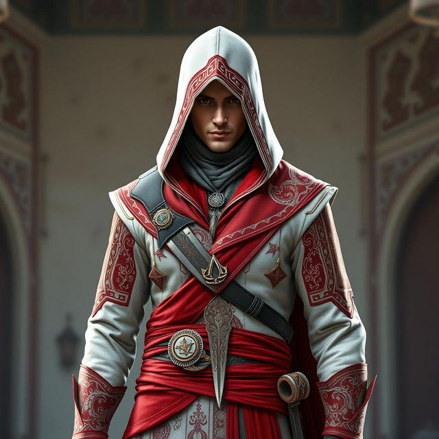 A male character wearing a full Assassin's Creed outfit in red and white colors, inspired by Persian themes