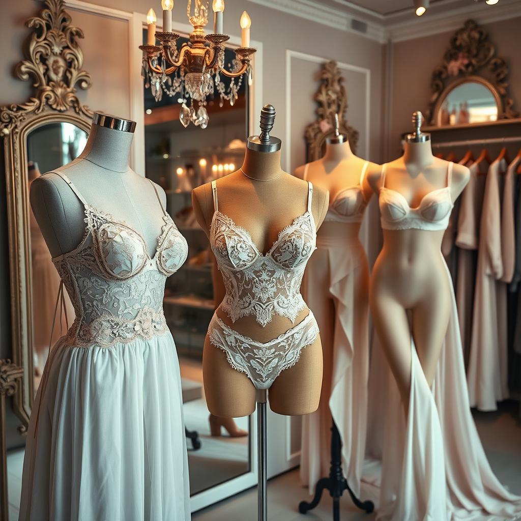 A sophisticated fashion photography setting showcasing a stylish collection of women's lingerie