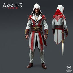 A full Assassin's Creed outfit designed for a male character, featuring a striking combination of white and red colors